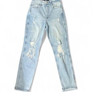 Hollister Light Blue Distressed Straight Leg Mom Jeans 0/00 R